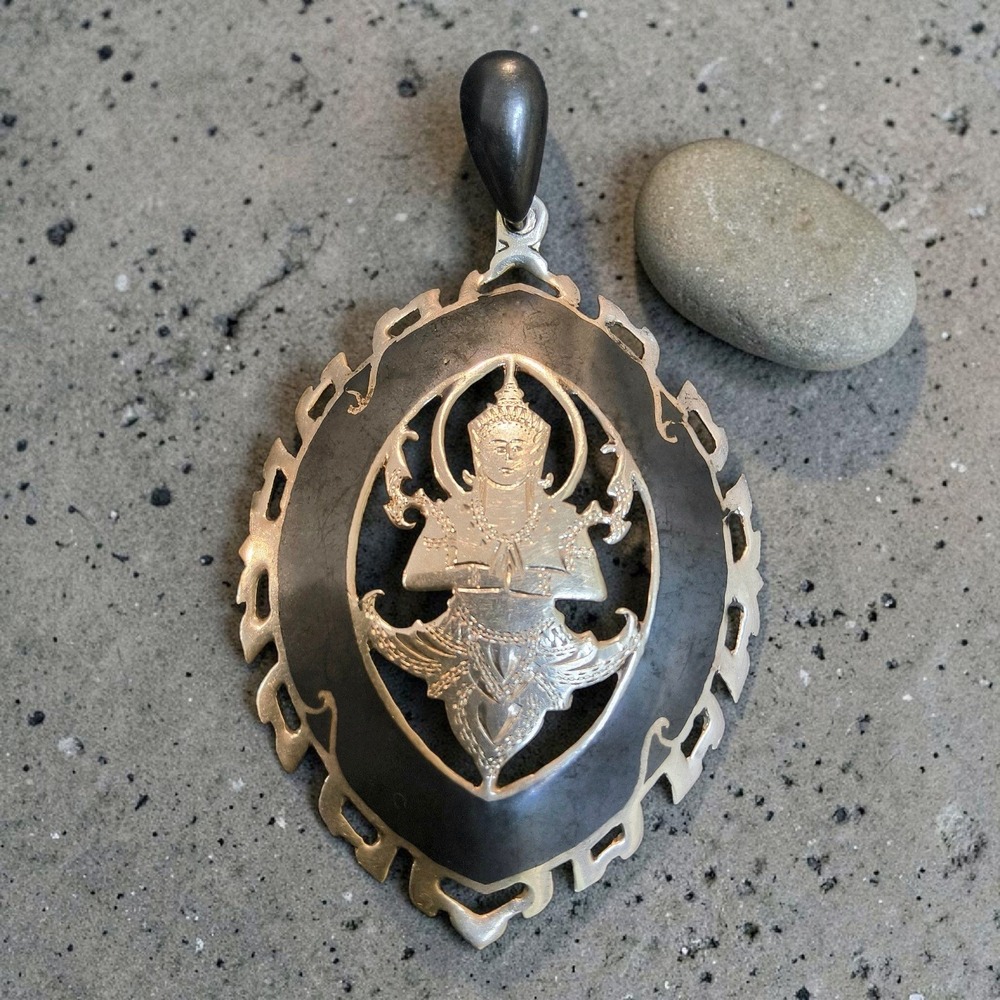 Vintage Alpha Siam Sterling Niello Mekkala Goddess Pendant Large Thai Silver